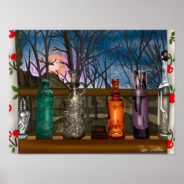 Affiche Réflexion | Vases en verre coloré dans la fenêtre (Devant)