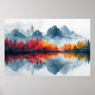 Affiche Réflexions d'automne : Misty Lake Panorama