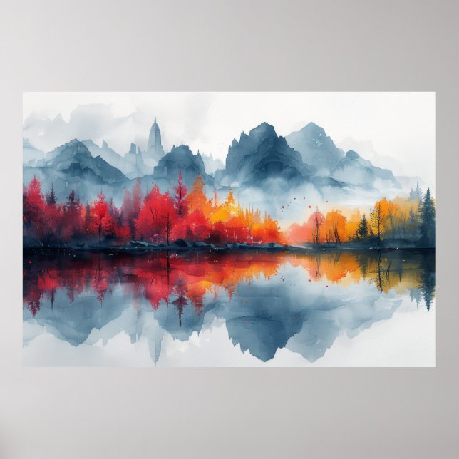 Affiche Réflexions d'automne : Misty Lake Panorama (Devant)
