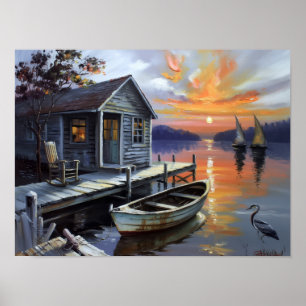 Affiche Refuge au coucher du soleil : Cabane au bord du la