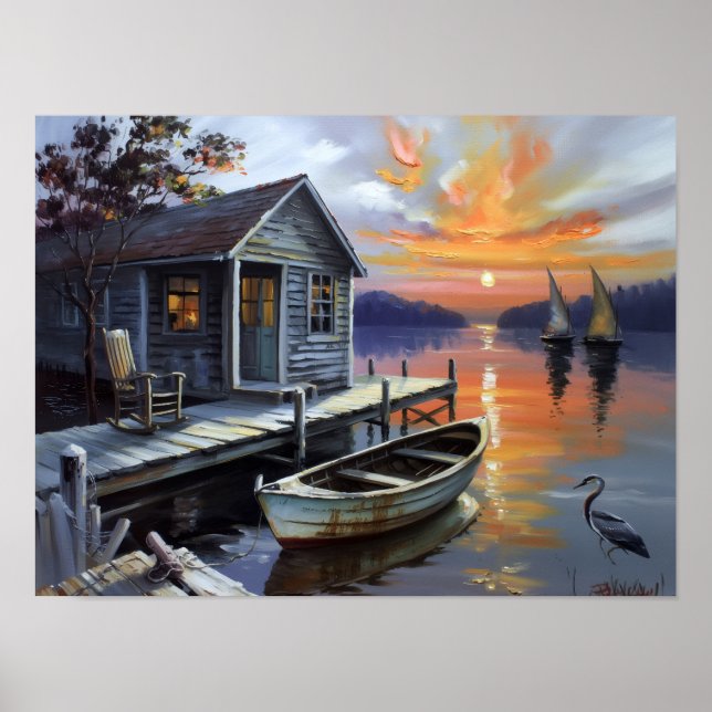 Affiche Refuge au coucher du soleil : Cabane au bord du la (Devant)