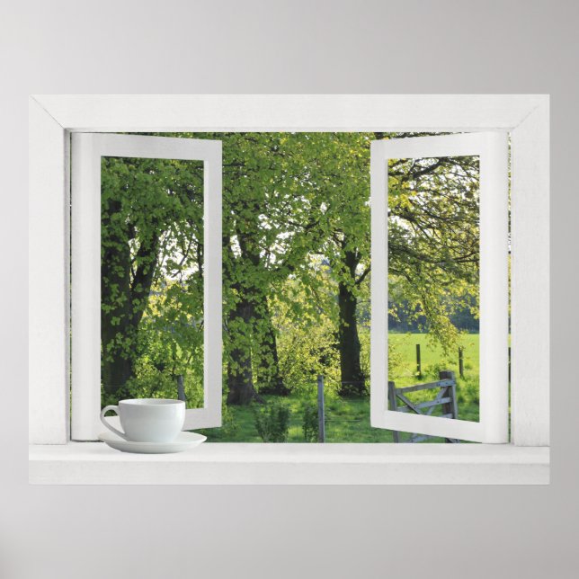 Affiche Regard sur le vert - Vue de fenêtre ouverte avec d (Devant)