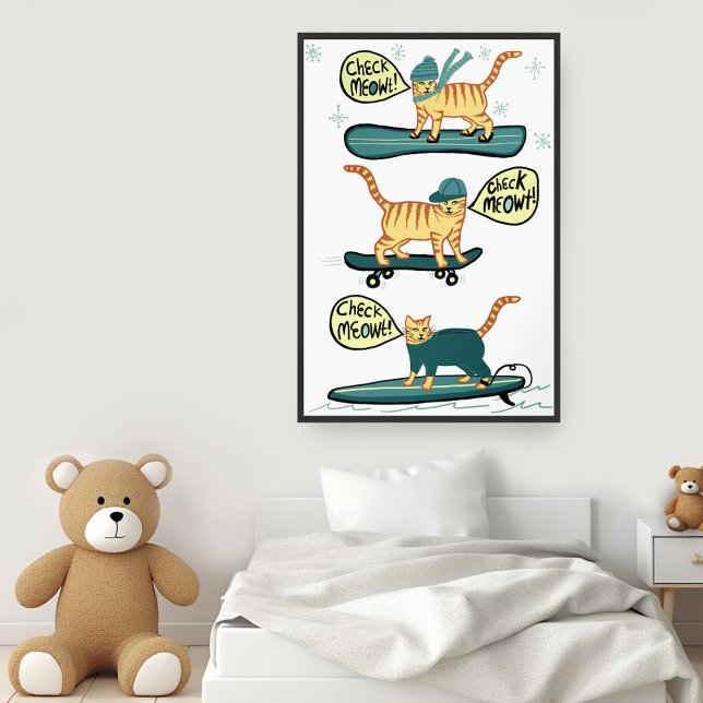 Affiche Regarde Meowt ! Skate Surfer Snowboard Tabby Chat (Check Meowt! Skateboard Surfer Snowboard Tabby Cat Wall Art Poster perfect for kids room)
