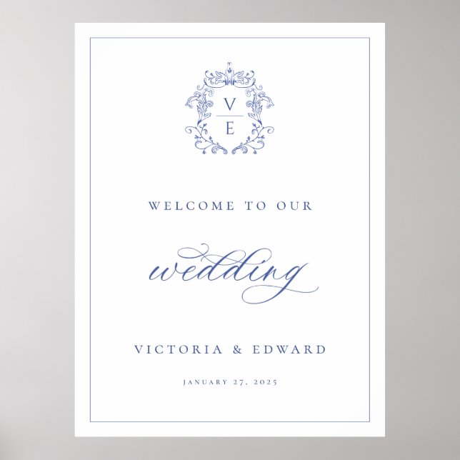 Affiche Regency Blue Crest Monogram Mariage Bienvenue (Devant)