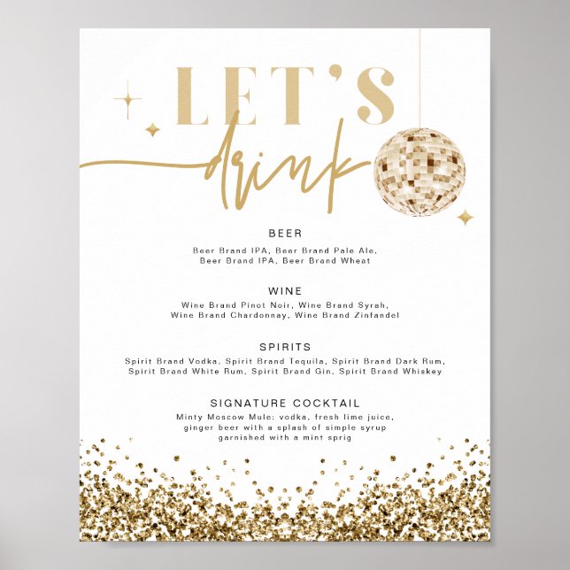 Affiche REGINA Disco Menu de Bar Let's Drink en Or Jaune P (Devant)