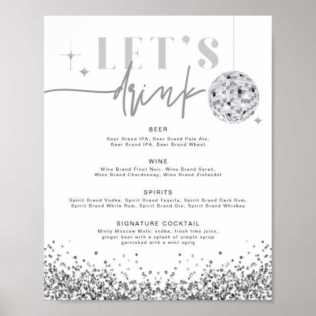 Affiche REGINA Paillettes Argent Disco Boissons Menu du Ba (Devant)