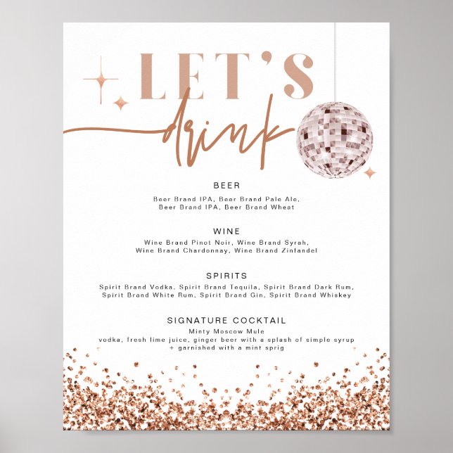 Affiche REGINA Rose Gold Disco Menu du bar Let's Drink  (Devant)