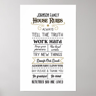 Affiche Règles de la maison avec nom de famille Black Gold