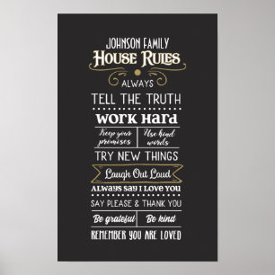 Affiche Règles de la maison avec nom de famille White Gold
