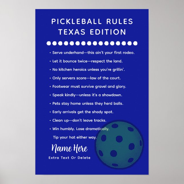 Affiche Règles de Pickleball Personnalisées Édition Texas  (Devant)
