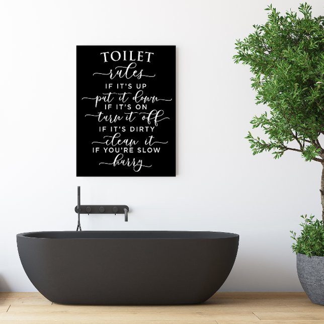Affiche Règles de toilettes amusantes – Texte blanc élégan (Funny Toilet Rules – Elegant White Text on Black Poster)