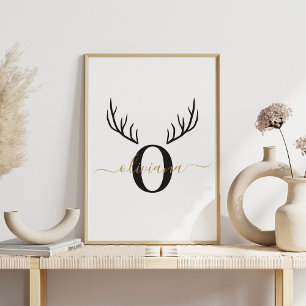 Affiche Reindeer Antler   Élégant Noël Monogramme