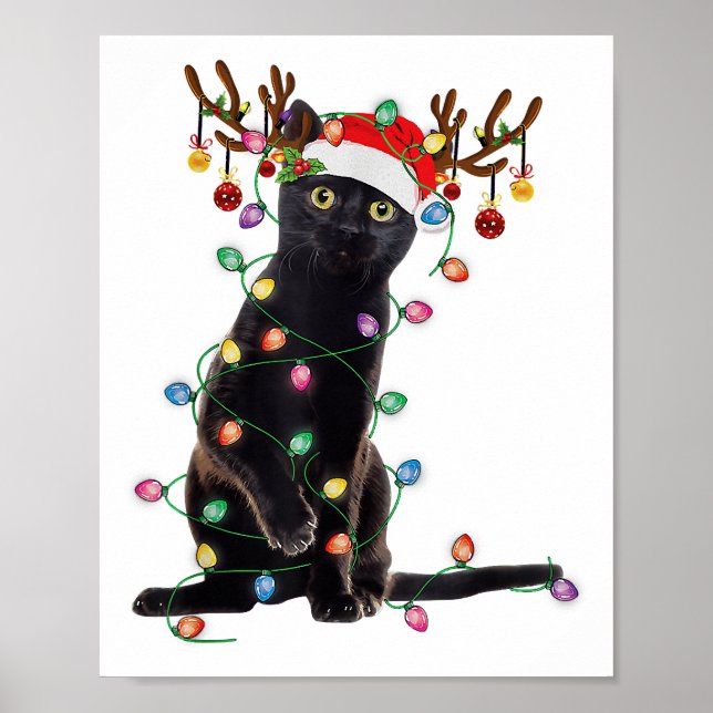 Affiche Reindeer Black Cat Christmas Lights Funny Cat Love (Devant)