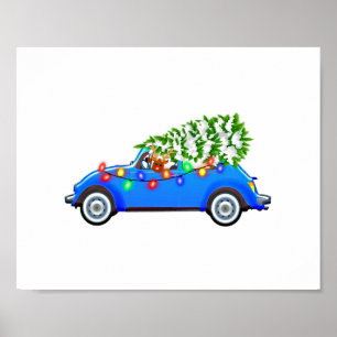 Affiche Reindeer driving a beetle with christmas treeb