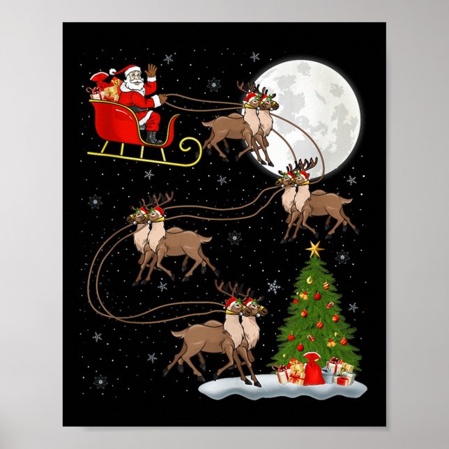 Affiche Reindeer Santa Sleigh Flying Funny Magical Christm (Devant)