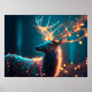 Affiche Reindeer with Christmas lights in the night forest