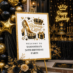 Affiche Reine d'anniversaire en or noir classe Paillettes