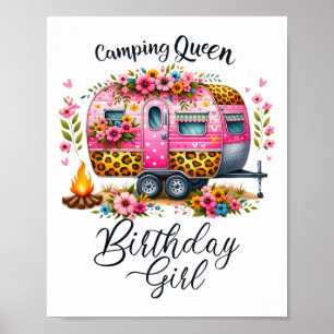Affiche Reine de camping d'anniversaire Camp rose floral V