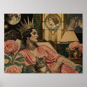 Affiche Reine de conte de fées rétro et son chat au lit