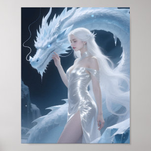 Affiche Reine Dragon de Glace Blanche Fantaisie Argent Ble