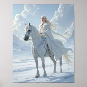 Affiche Reine elfe chevauchant un majestueux cheval blanc