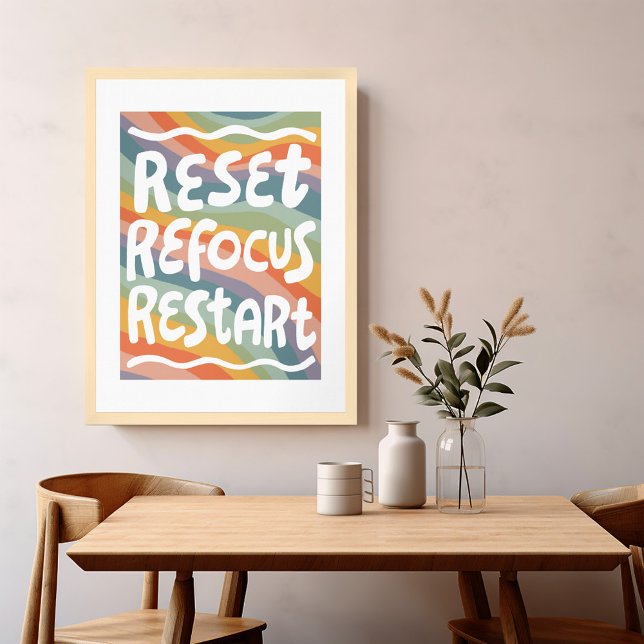 Affiche RÉINITIALISER REFOCUS REDÉMARRER Lettres de bulles (RESET REFOCUS RESTART Colorful Fun Bubble Letters Poster Wall Art Motivational Rainbow Handlettering)