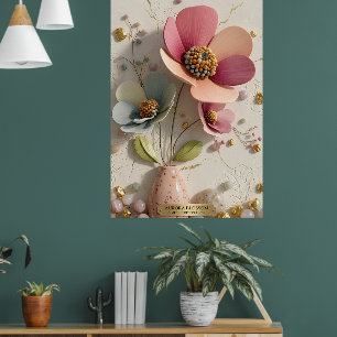 Affiche Relief Floral en Céramique Sculptée et Feuille d'O