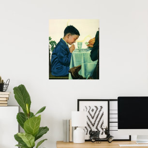 Affiche Religion vintage, un garçon dit grâce à Thanksgivi