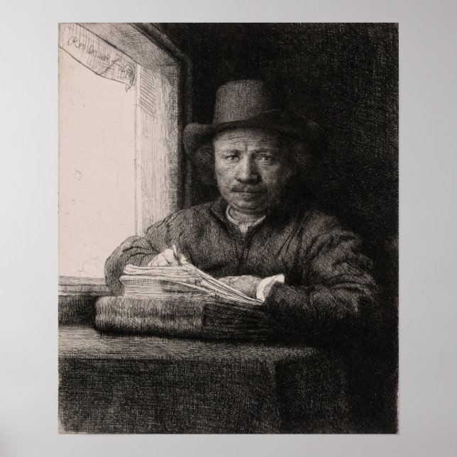 Affiche Rembrandt - Dessin Autoportrait À La Fenêtre (Devant)