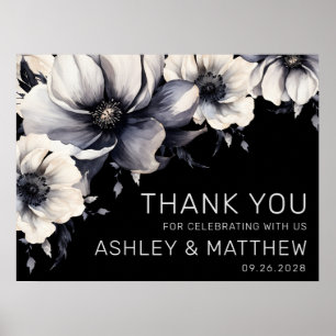 Affiche Remerciements de mariage élégants noir blanc flora