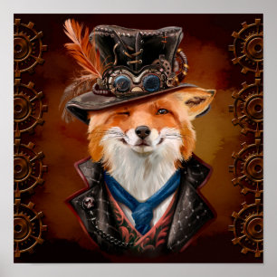 Affiche Renard à la mouche en vêtements de steampunk. Dess