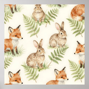 Affiche Renard à l'aquarelle et motif de forêt aux lapins