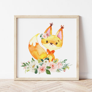 Affiche Renard, Animaux De Bois, Boho, Fleurs Roses