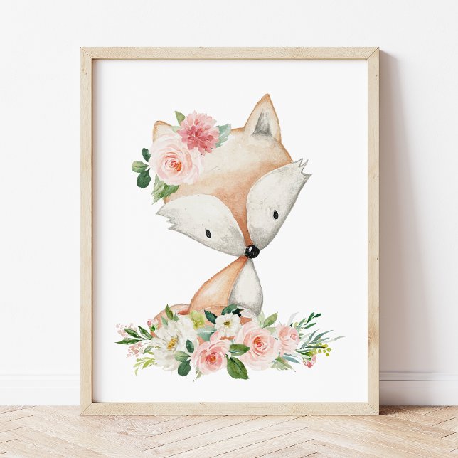 Affiche Renard, Animaux De Bois, Boho, Fleurs Roses (Créateur téléchargé)