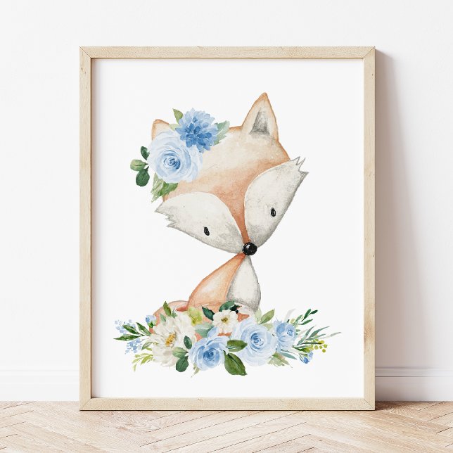 Affiche Renard, Animaux des bois, Boho, Fleurs bleues (Créateur téléchargé)