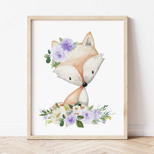 Affiche Renard, Animaux Des Bois, Boho, Fleurs Violettes