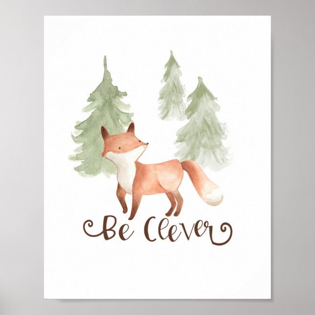 Affiche Renard aquarelle amis de la forêt sois intelligent (Devant)