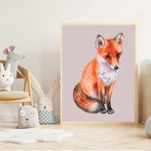 Affiche Renard aquarelle sur l'art pale rose pépinière