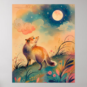 AFFICHE RENARD AU CLAIR DE LUNE ART POPULAIRE FORET NOCTUR