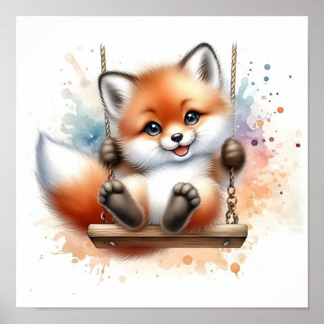 Affiche Renard bébé adorable sur une pépinière d'aquarelle (Devant)