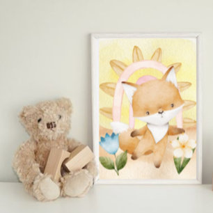 Affiche Renard, Bébé Animaux, Boho, Fleurs, Arc-en-ciel