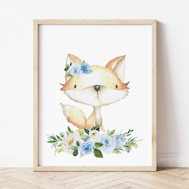 Affiche Renard bébé, Animaux de bois, Boho, Fleurs bleues (Créateur téléchargé)