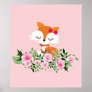 Affiche renard boisé, renard mignon, rose, doux, mignon, r