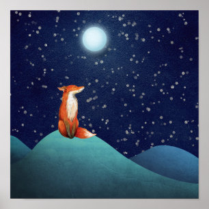 Affiche Renard charmant assis sous une Pleine lune
