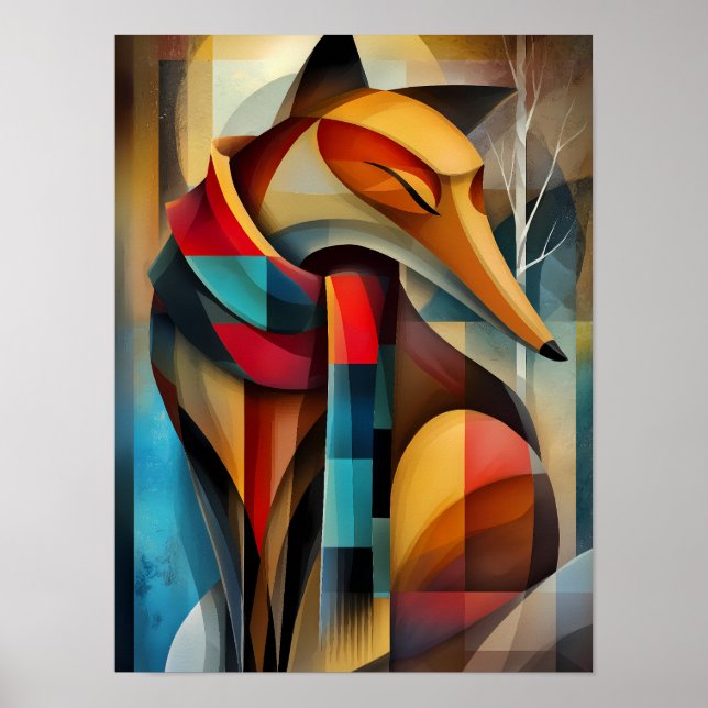 Affiche Renard Charmant – Élégance Cubiste dans une Écharp (Devant)