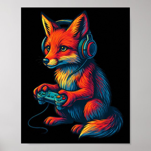 Affiche Renard de jeu avec casque drôle de jeux vidéo joue (Devant)