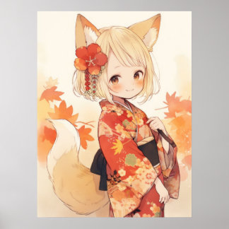 Affiche Renard de Kawaii avec Kimono