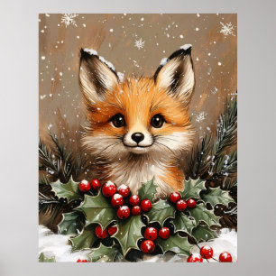 Affiche Renard d'hiver avec houx et pin enneigé