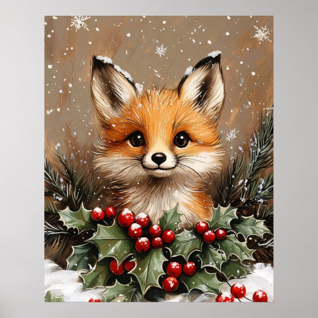 Affiche Renard d'hiver avec houx et pin enneigé (Devant)
