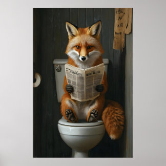 Affiche Renard drôle lisant un journal sur les toilettes,